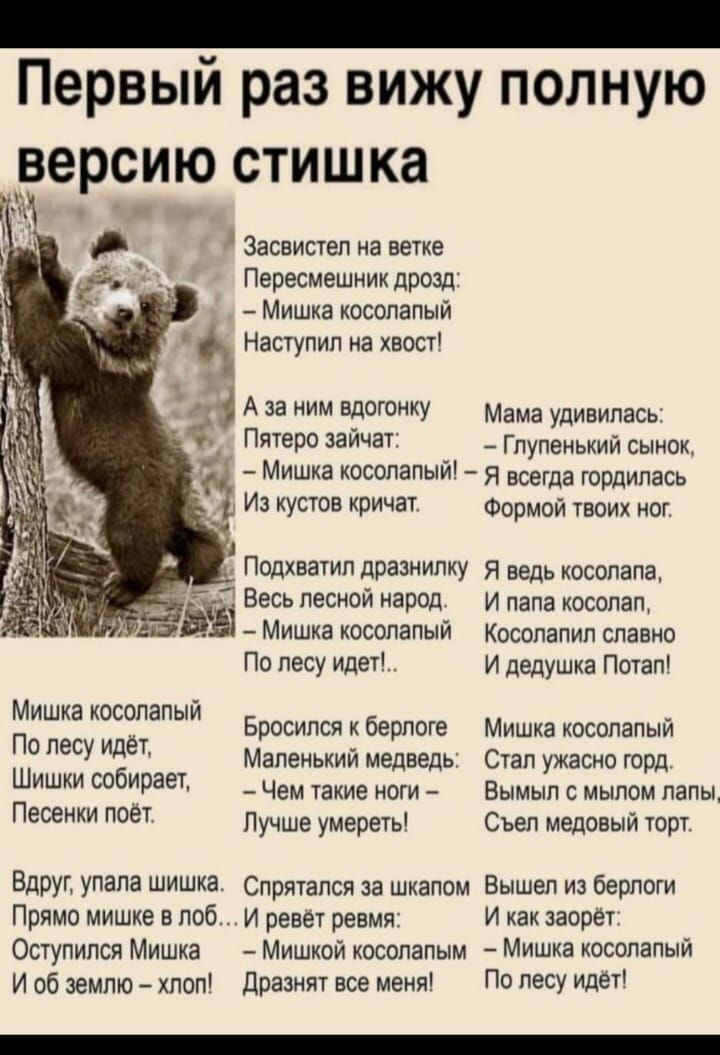 Первый раз вижу полную версию стишка\nЗасвистел на ветке Пересмешник дрозд: — Мишка косолапый Наступил на хвост!\nА за ним вдогонку Пятачок зайчат: — Мишка косолапый! Из кустов кричат.\nМама удивилась: — Глупёнкий сынок, Я всегда гордилась Формой твоих ног.