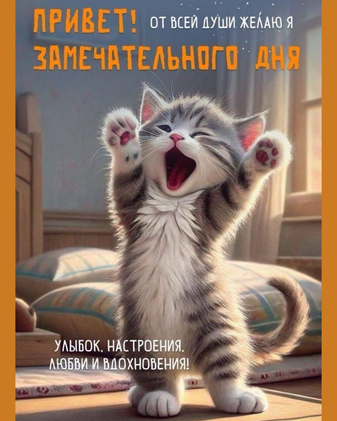 Привет! От всей души желаю я замечательного дня. Улыбок, настроения, любви и вдохновения!