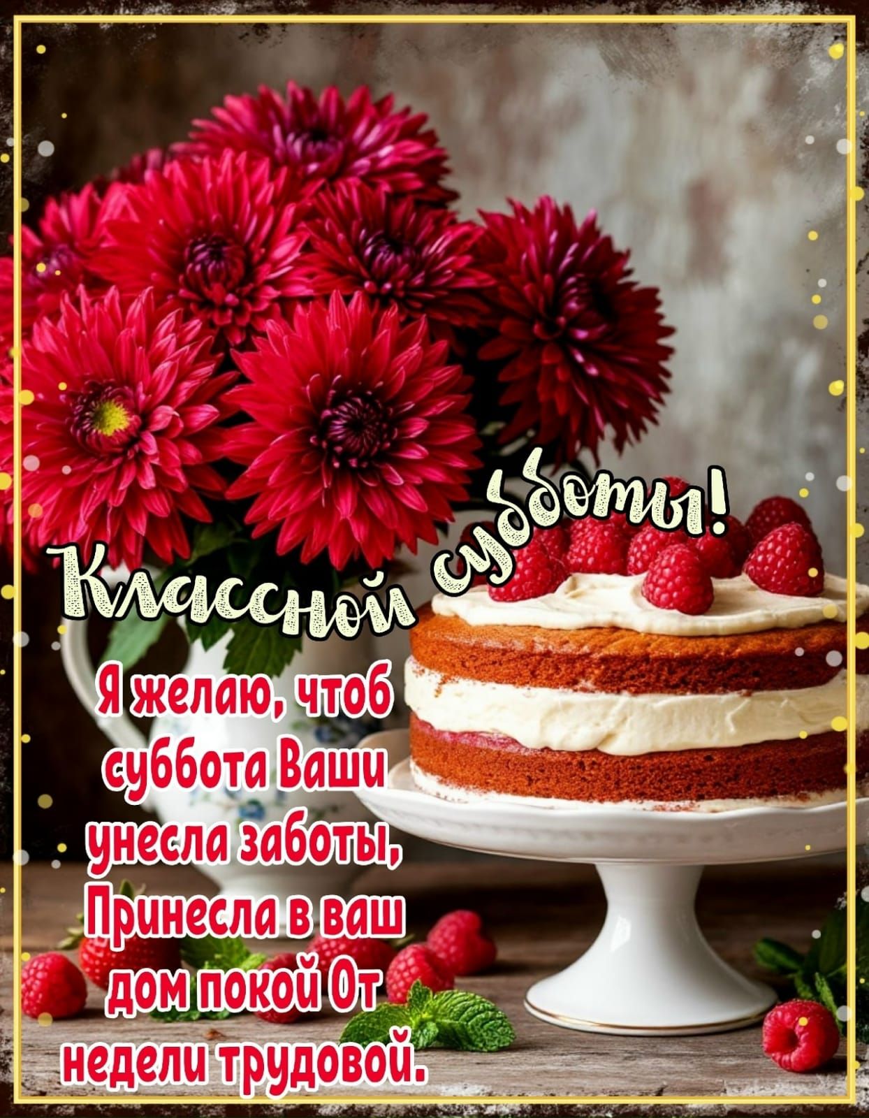 Классной судьбы! Я желаю, чтоб суббота Ваши унела заботы, Принесла в ваш дом покой От недели трудовой.