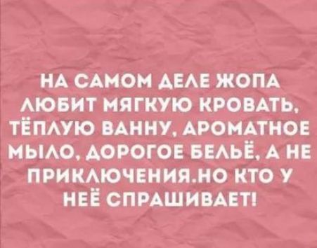 НА САМОМ ДЕЛЕ ЖОПА ЛЮБИТ МЯГКУЮ КРОВАТЬ, ТЁПЛУЮ ВАННУ, АРОМАТНОЕ МЫЛО. ДОРОГОЕ БЕЛЬЁ. А НЕ ПРИКЛЮЧЕНИЯ. НО КТО У НЕЁ СПРАШИВАЕТ!