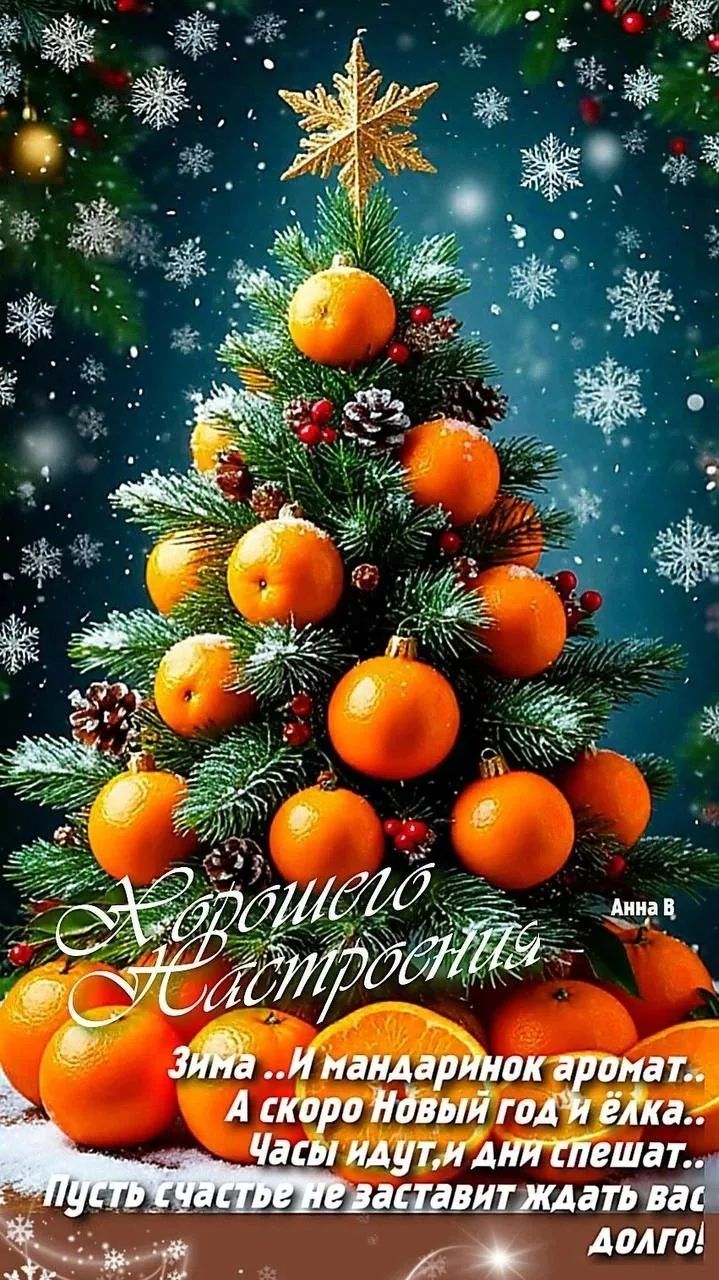 Хорошего Настроения\nЗима...И мандарин аромат... А скоро Новый год и ёлка... Часы идут и дни спешат... Пусть счастье не заставит ждать вас долго!