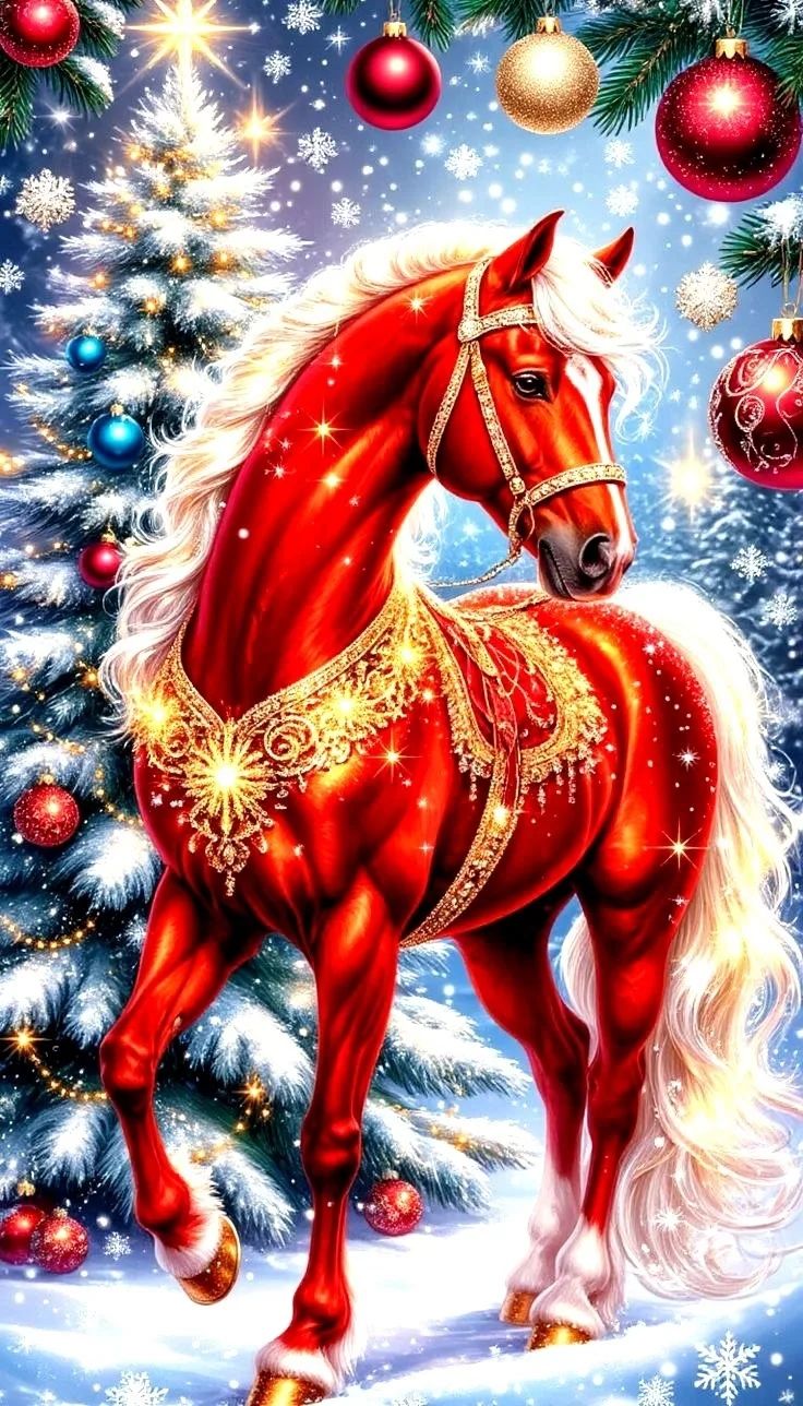 Красная лошадь в праздничном новогоднем фоне с ёлками и игрушками.