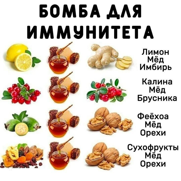 БОМБА ДЛЯ ИММУНИТЕТА
Лимон Мёд Имбирь
Калина Мёд Брусника
Фейхоа Мёд Орехи
Сухофрукты Мёд Орехи