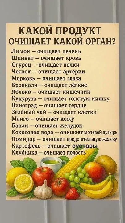 КАКОЙ ПРОДУКТ очищает КАКОЙ ОРГАН? Лимон — печень; Шпинат — кровь; Огурец — почки; Чеснок — артерии; Морковь — глаза; Брокколи — лёгкие; Яблоко — кишечник; Кукуруза — толстую кишку; Виноград — сердце; Зеленый чай — клетки; Манго — кожу; Банан — желудок; Помидор — предстательную железу; Картофель — суставы; Клубника — полость