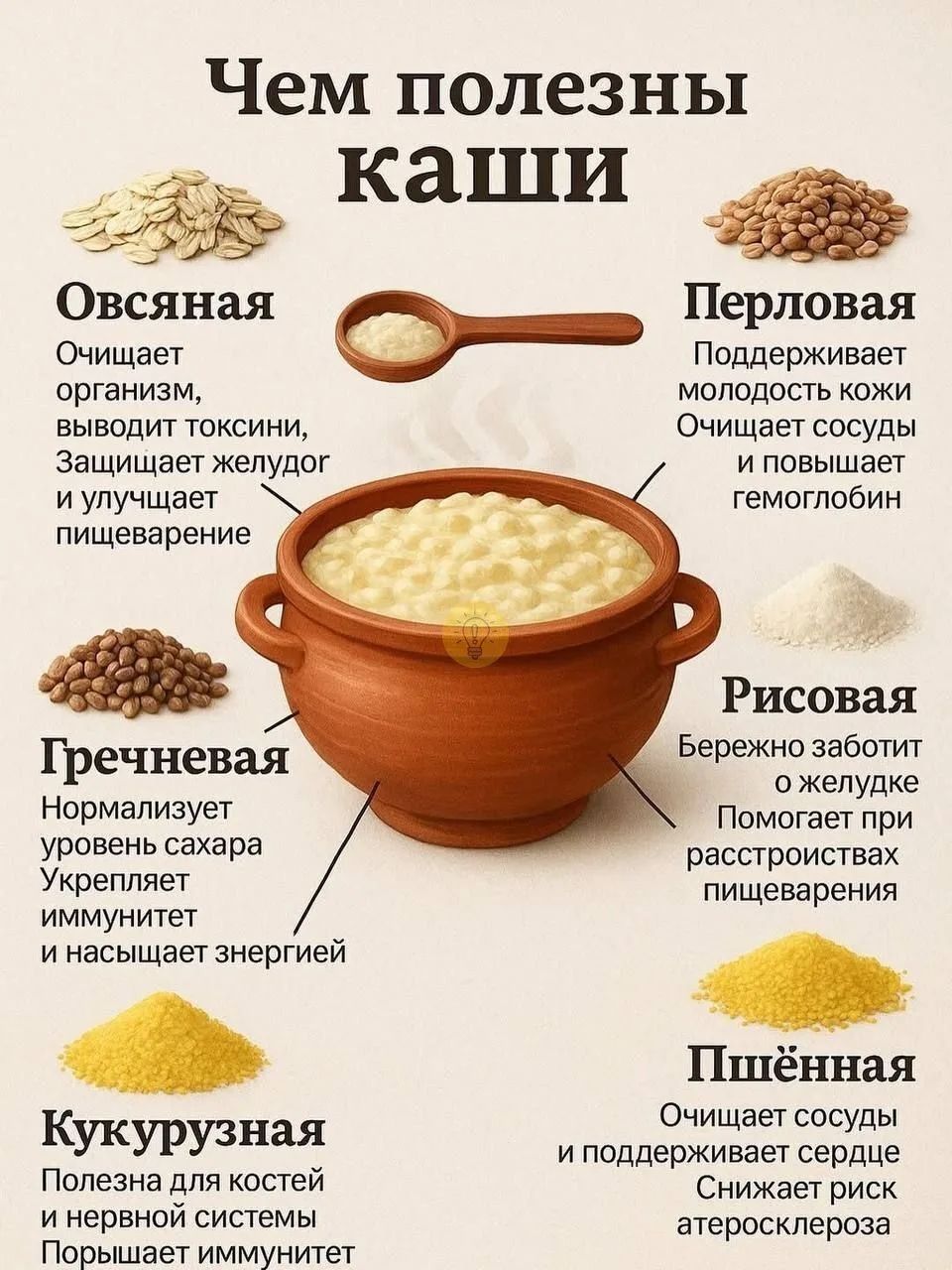 Чем полезны каши
Овсяная: Очищает организм, выводит токсины, защищает желудок и улучшает пищеварение.
Перловая: Поддерживает молодость кожи, очищает сосуды и повышает гемоглобин.
Рисовая: Бережно заботится о желудке и помогает при расстройствах пищеварения.
Гречневая: Нормализует уровень сахара, укрепляет иммунитет и насыщает энергией.
Кукурузная: Полезна для костей и нервной системы, укрепляет иммунитет.
Пшённая: Очищает сосуды и поддерживает сердце, снижает риск атеросклероза.