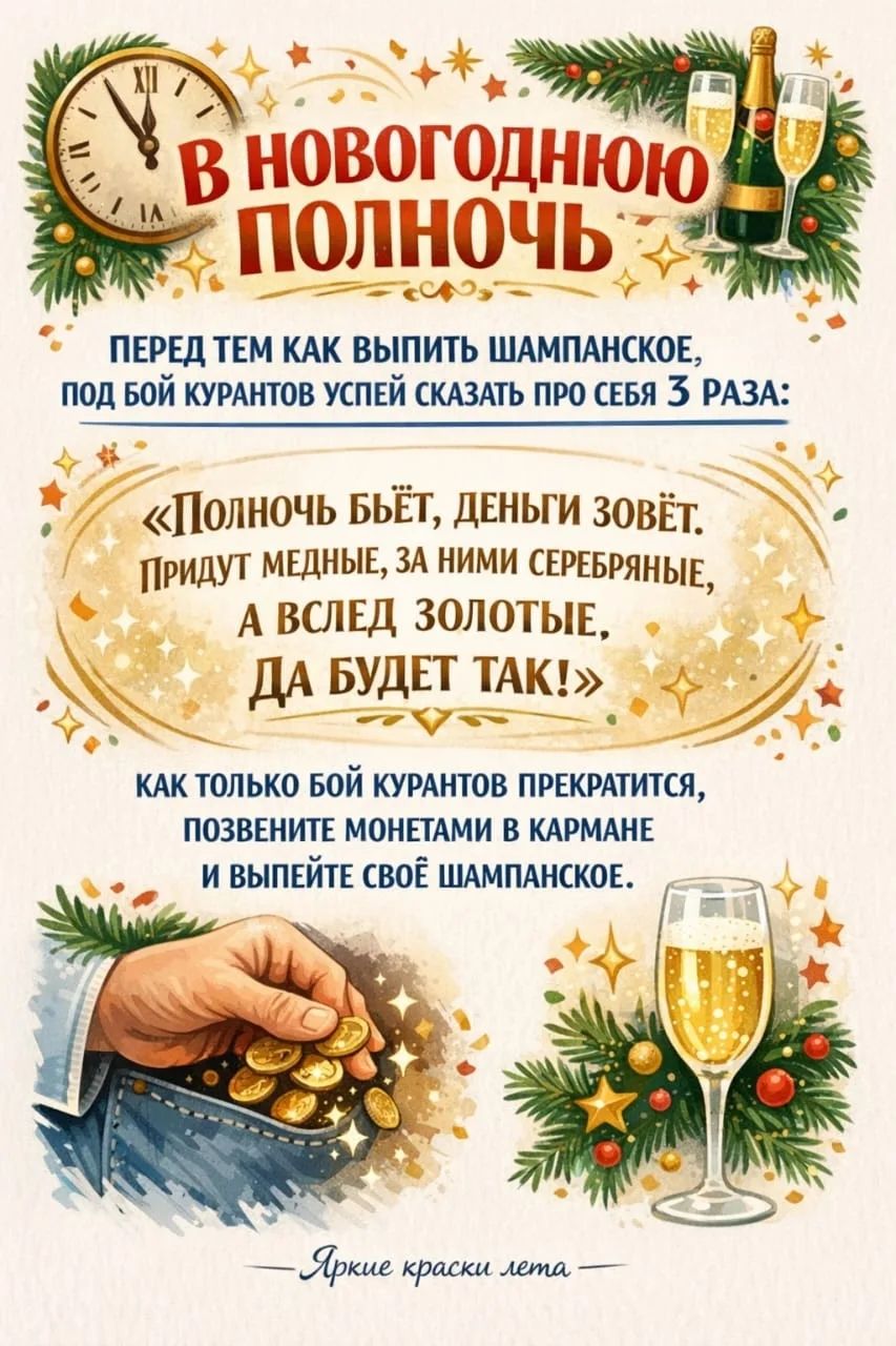 Перед тем как выпить шампанское, под бой курантов успей сказать про себя 3 раза: «Полночь бьёт, деньги зовут. Придут медные, за ними серебряные, а вслед золотые, да будет так!» Как только бой курантов прекратится, позвоните монетами в кармане и выпейте своё шампанское. Яркие краски лета