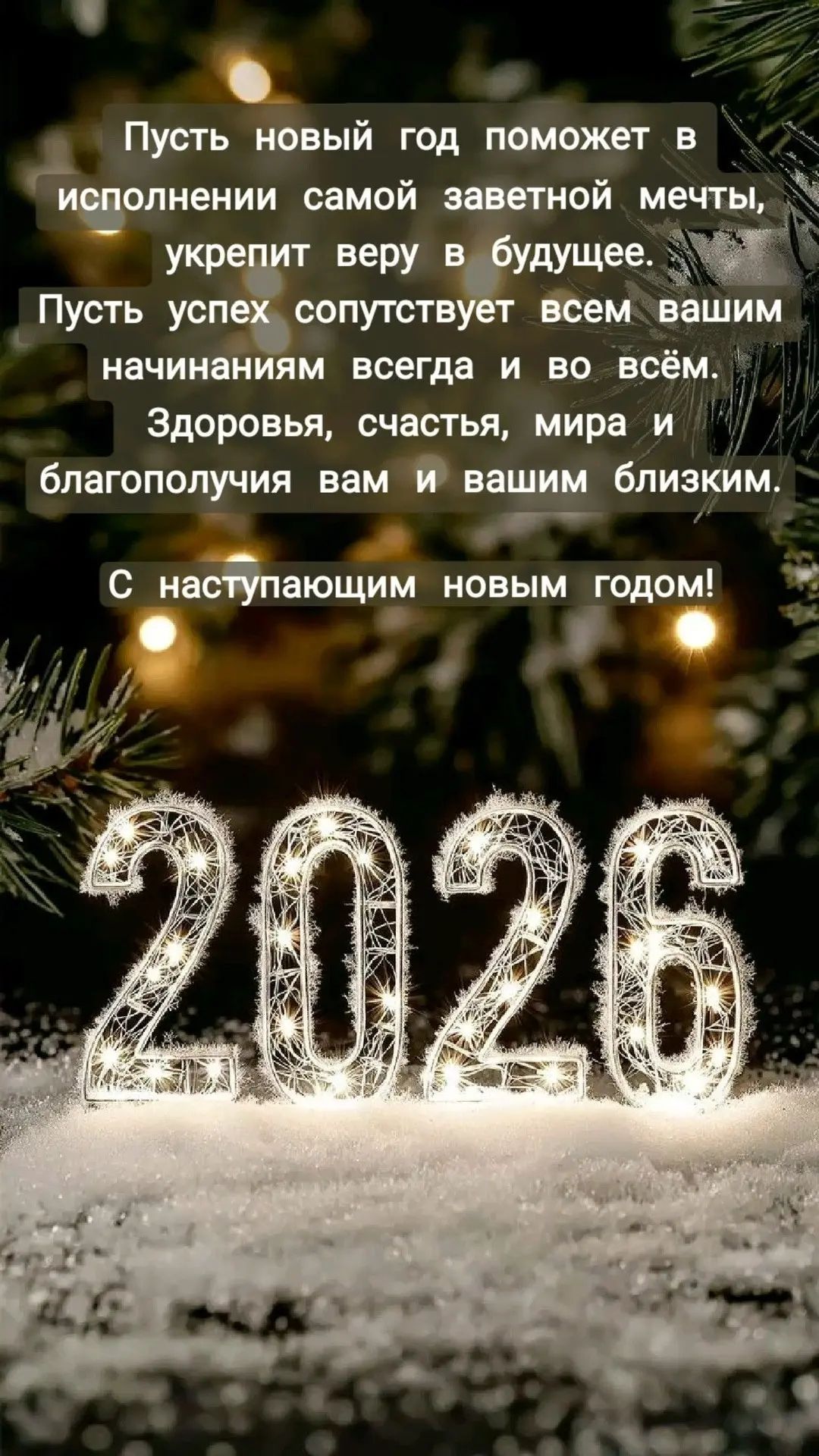 Пусть новый год поможет в исполнении самой заветной мечты, укрепит веру в будущее. Пусть успех сопутствует всем вашим начинаниям всегда и во всём. Здоровья, счастья, мира и благополучия вам и вашим близким. С наступающим новым годом!