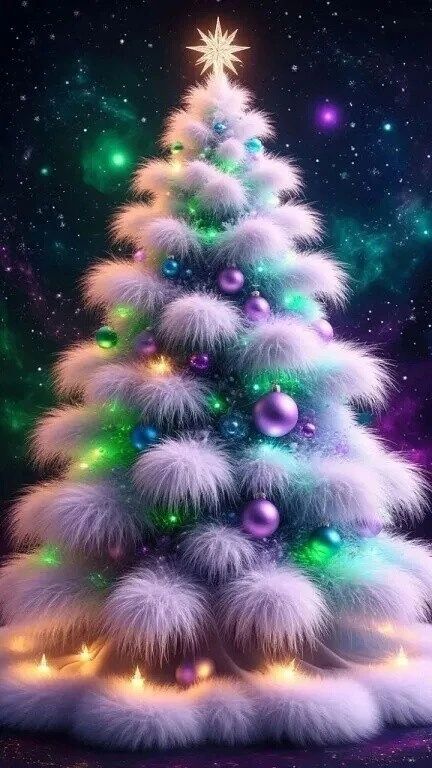Светящаяся белая ёлка с разноцветными шарами на фоне космоса.