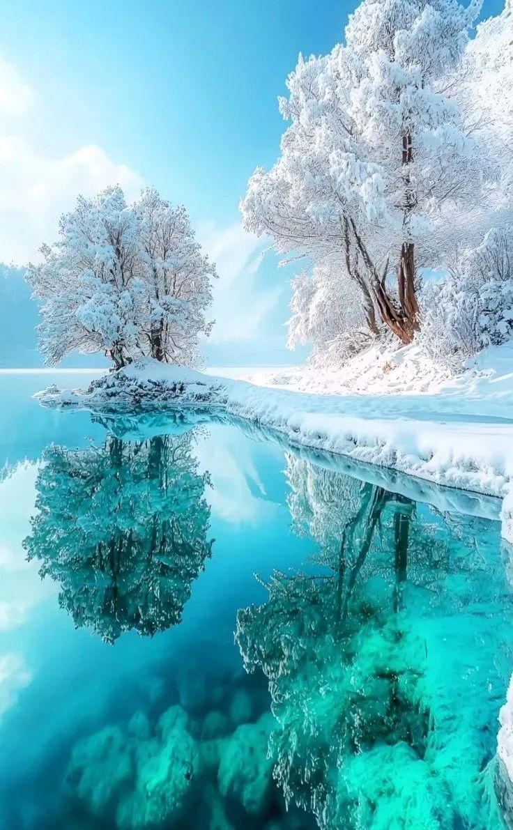 Зимний пейзаж: снежные деревья и ясная бирюзовая вода с зеркальным отражением