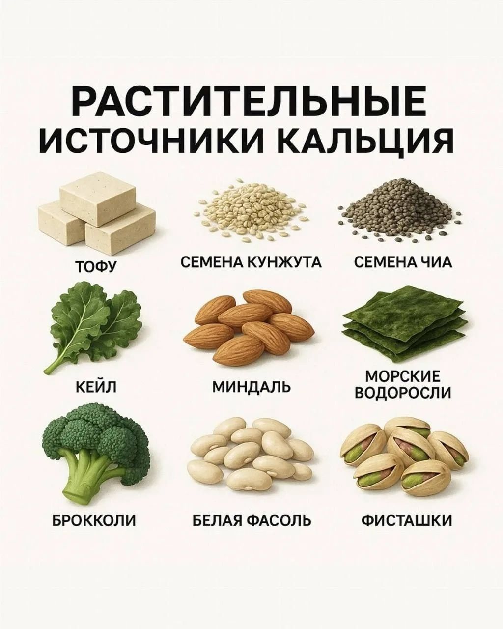 РАСТИТЕЛЬНЫЕ ИСТОЧНИКИ КАЛЬЦИЯ ТОФУ СЕМЕНА КУНЖУТА СЕМЕНА ЧИА КЕЙЛ МИНДАЛЬ МОРСКИЕ ВОДОРОСЛИ БРОККОЛИ БЕЛАЯ ФАСОЛЬ ФИСТАШКИ