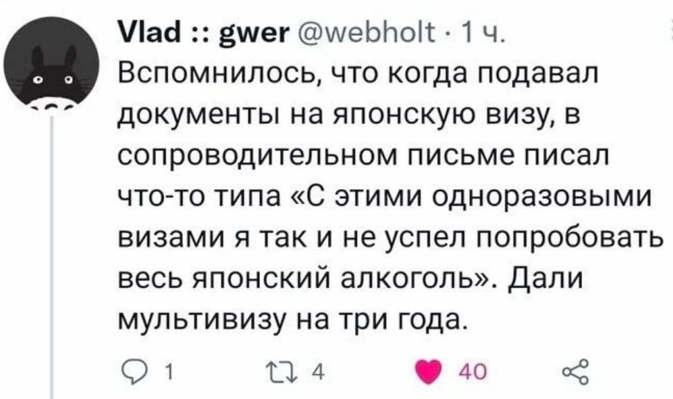 Лаа вшег шеЬПоіг 1 ч Вспомнилось что когда подавал документы на японскую визу в сопроводительном письме писап что то типа С этими одноразовыми визами я так и не успел попробовать весь японский апкогопь Дали мультивизу на три года 01 ПА Одо
