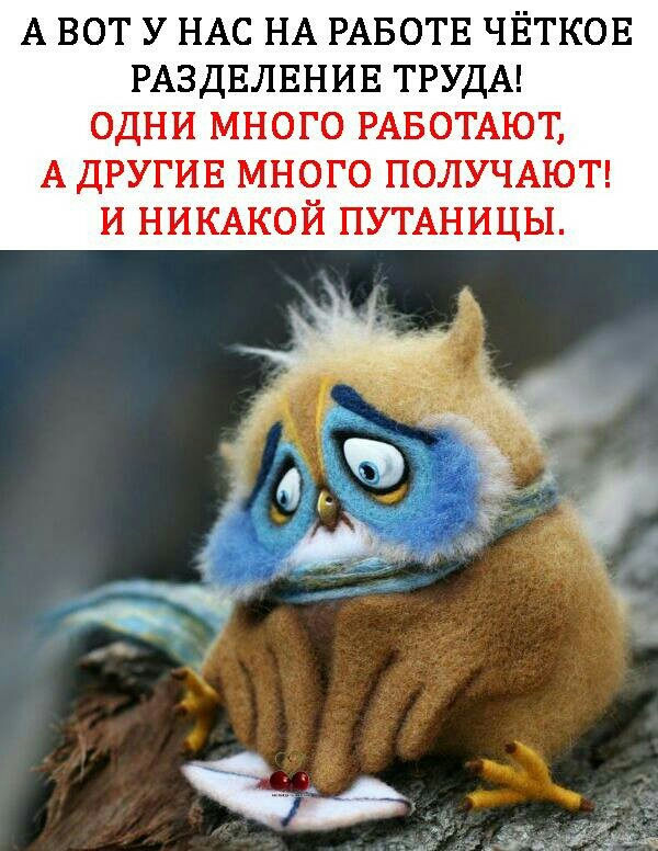 А ВОТ У НАС НА РАБОТЕ ЧЁТКОЕ РАЗДЕЛЕНИЕ ТРУДА ОДНИ МНОГО РАБОТАЮТ А ДРУГИЕ МНОГО ПОЛУЧАЮТ И НИКАКОЙ ПУТАНИЦЫ