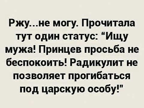 Ржуне могу Прочитала тут один статус Ищу мужа Принцев просьба не беспокоить Радикулит не позволяет прогибаться под царскую особу