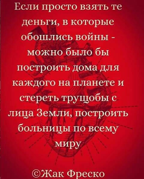Если просто взять те деньги в которые обошлись войны можно было бы построить дома для каждого на планете и стереть трущобы с лица Земли построить больницы по всему миру Жак Фреско