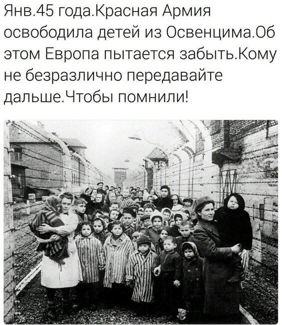 Янв45 годаКрасная Армия освободила детей из ОсвенцимаОб этом Европа пытается аабытьКому не безразлично передавайте дальшеЧтобы помнили