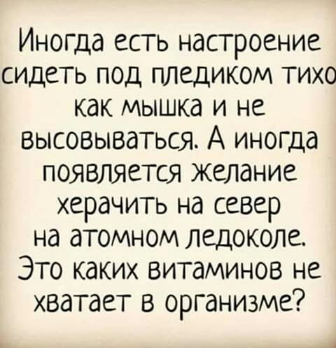 Иногда есть настроение сидеть под пледиком тихо как мышка и не высовываться А иногда появляется желание херачить на север на атомном ледоколе Это каких витаминов не хватает в организме