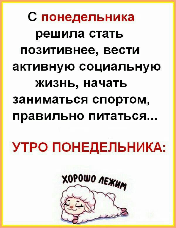С понедельника решила стать позитивнее вести активную социальную жизнь начать заниматься спортом правильно питаться УТРО ПОНЕДЕЛЬНИКА