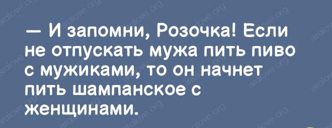 И запомни Розочка Если не отпускать мужа пить пиво с мужиками то он начнет пить шампанское с женщинами