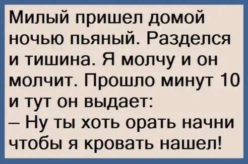 Милый пришел домой ночью пьяный Разделся и тишина Я молчу и он молчит Прошло минут 10 и тут он выдает Ну ты хоть орать начни чтобы я кровать нашел