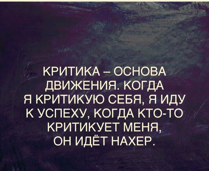 КРИТИКА ОСНОВА ДВИЖЕНИЯ КОГДА Я КРИТИКУЮ СЕБЯ Я ИДУ К УСПЕХУ КОГДА КТО ТО КРИТИКУЕТ МЕНЯ ОН ИДЁТ НАХЕР