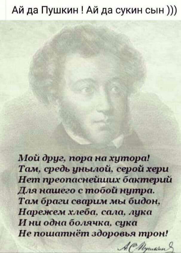 Ай да Пушкин Ай да сукин сын Мой друг пора на хутора Там средь унылой серой щи Нет преопаснейшцх бтттерий Для нашего с тобой нутро Там браги сварши мы бидон Нарежем хлеба сата лука И ни одна болячка сука Не пошатнёт здоровья трон ід1_