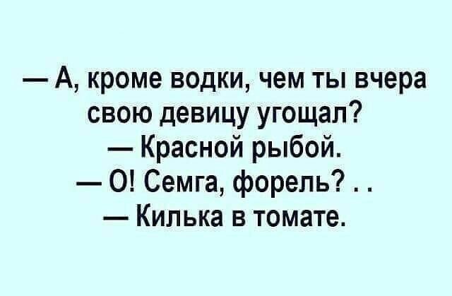 А кроме водки чем ты вчера свою девицу угощал Красной рыбой О Семга форель Килька в томате