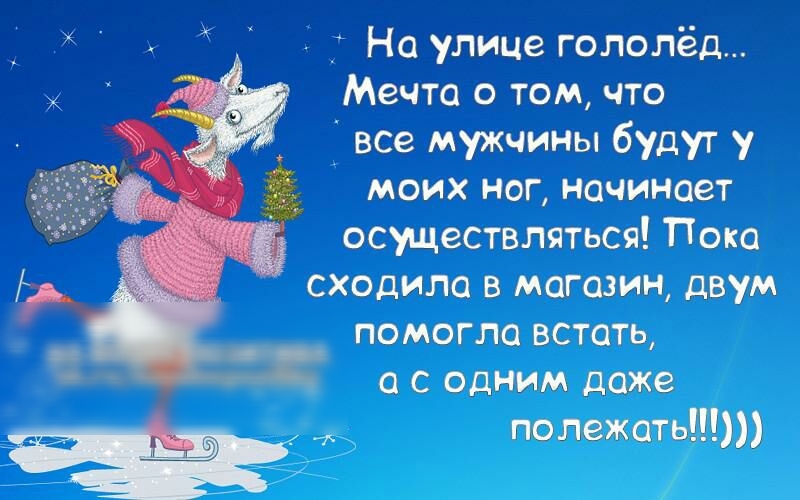 На улице гололед Мечта о том что все мужчины будут у моих ног начинает осуществляться Пока сходило в магазин двум помогло встать с с одним доже полежать