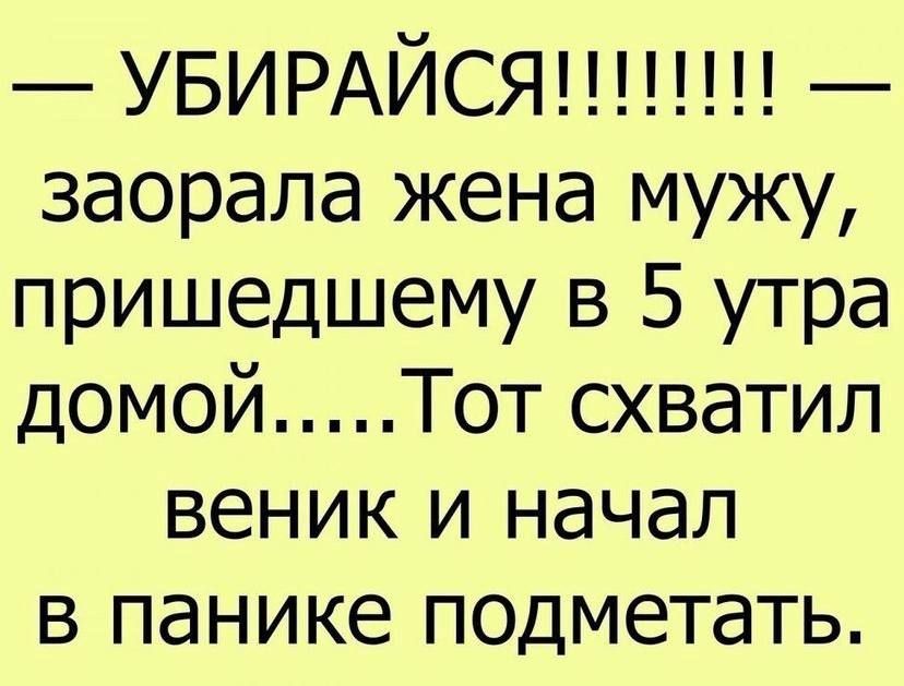 УБИРАЙСЯ заорала жена мужу пришедшему в 5 утра домой Тот схватил веник и начал в панике подметать