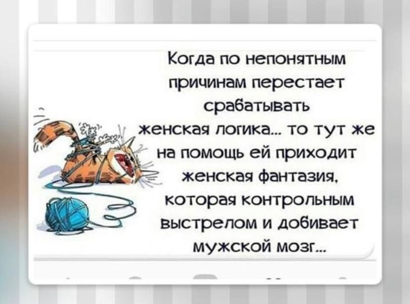 Когда по непонятным причинам перестает срабатывать женская логика то тут же на помощь ей приходит женская фантазия которая контрольным выстрелом и добивает мужской мозг