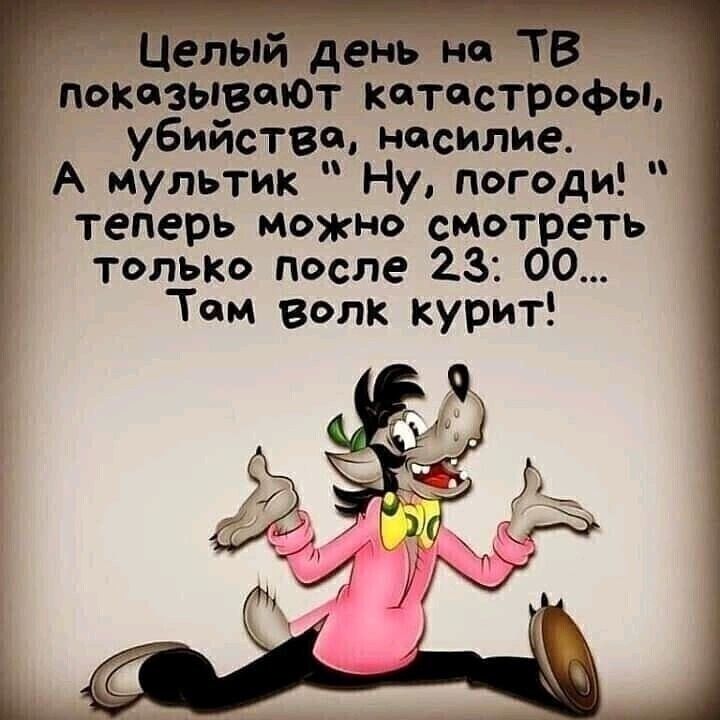 Цеітый день на ТЗ показывтоТ катастрОФЫ убийстве насилие А мультик Ну погоди теперь Можно смотреть только после 23 00 Том волк курит