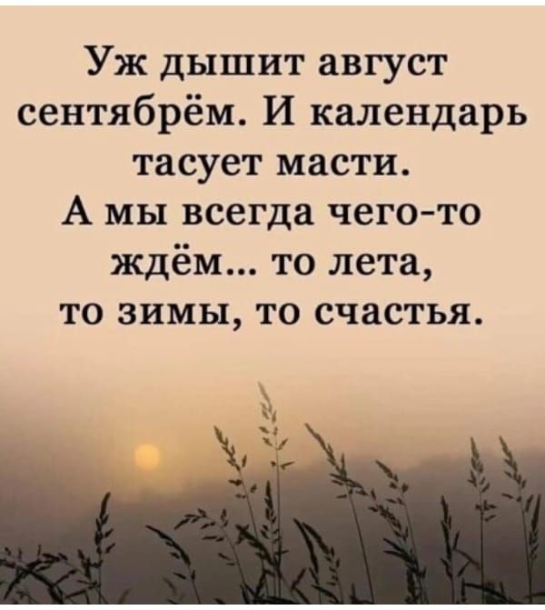 Уж дышит август сентябрём И календарь тасует масти А мы всегда чего то ждём то лета ТО ЗИМЫ ТО счастья