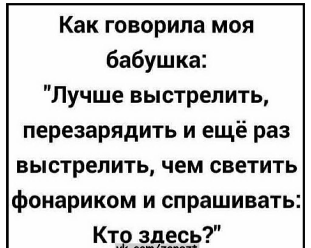 Как говорила моя бабушка Лучше выстрелить перезарядить и ещё раз выстрелить чем светить фонариком и спрашивать Кто здесь