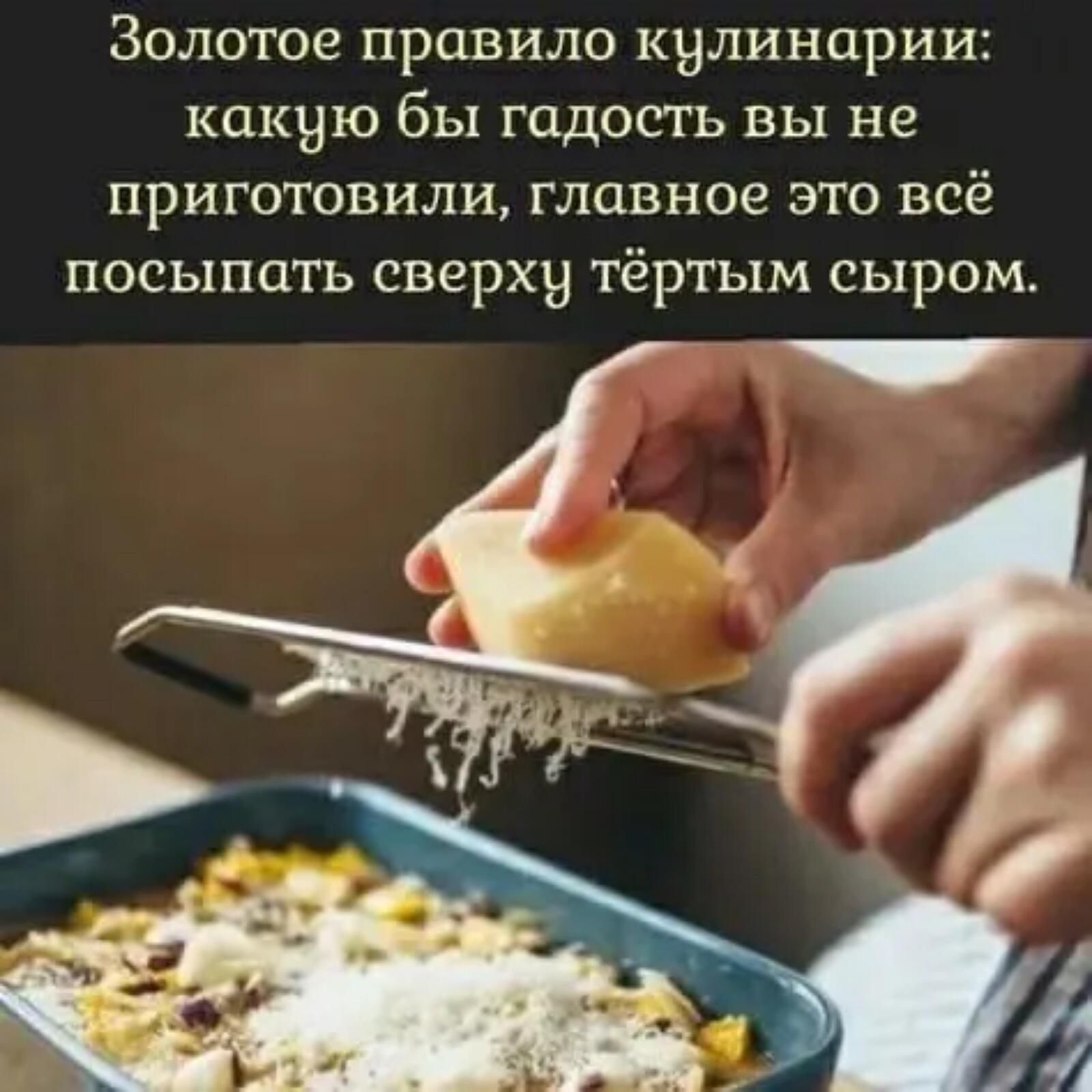 Золотое правило кулинарии какую бы гадость вы не приготовили главное это всё посыпать сверху тёртым сыром