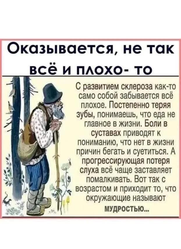 Оказывается не так всё и похо то С развитием склероза както само собой забывается всё плохое Постепенно теряя зубы понимаешь что еда не главное в жизни Боли в суставах приводят к пониманию что нет в жизни причин бегать и суетиться А прогрессирующая потеря слуха всё чаще заставляет д помалкивать Вот так с возрастом и приходит то что окружающие называют МУДРОСТЬЮ