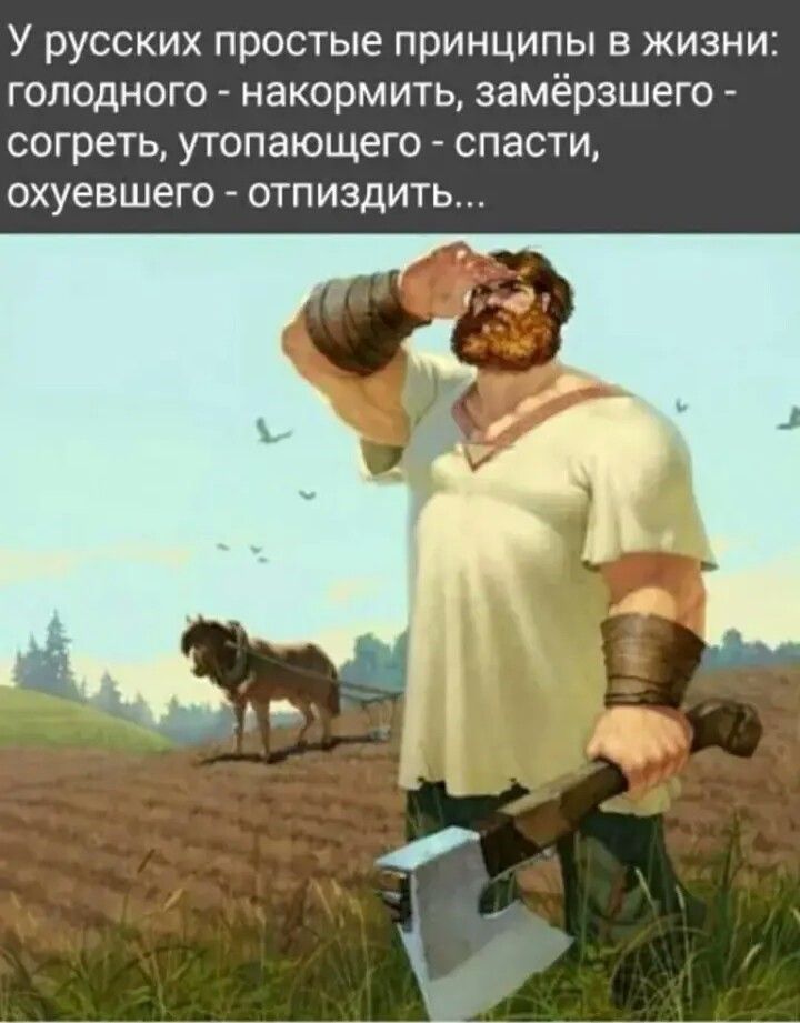 У русских простые принципы в жизни голодного накормить замёрзшего согреть утопающего спасти охуевшего отпиздить