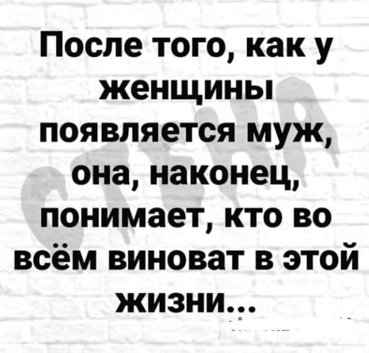 После того как у женщины появляется муж она наконец понимает кто во всём виноват в этой жизни