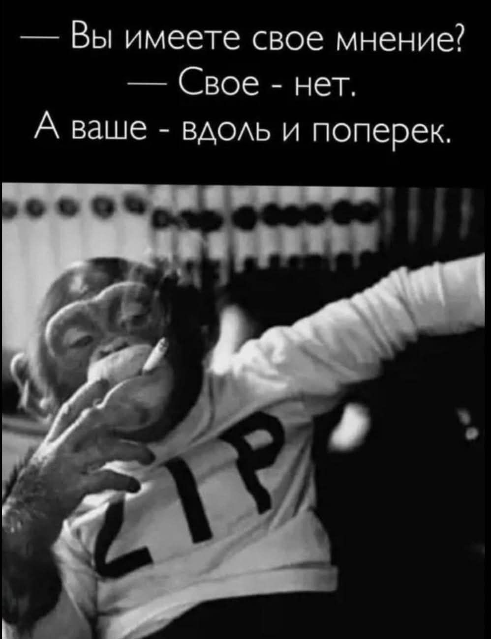 — Вы имеете свое мнение?  — Свое - нет.  А ваше - вдоль и поперек.