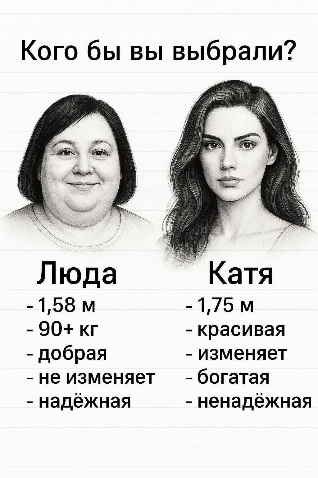 Кого бы вы выбрали?
Люда
- 1,58 м
- 90+ кг
- добрая
- не изменяет
- надёжная

Катя
- 1,75 м
- красивая
- изменяет
- богатая
- ненадёжная