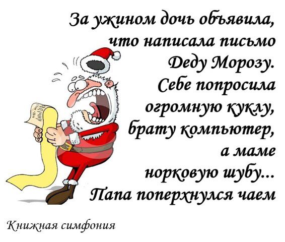 За ужином дочь объявила что написала письмо Феду Морозу Себе попросила огромную куклу Брату компьютер а маме норковую шубу Лапа поперхнулся чаем Книжная симфония