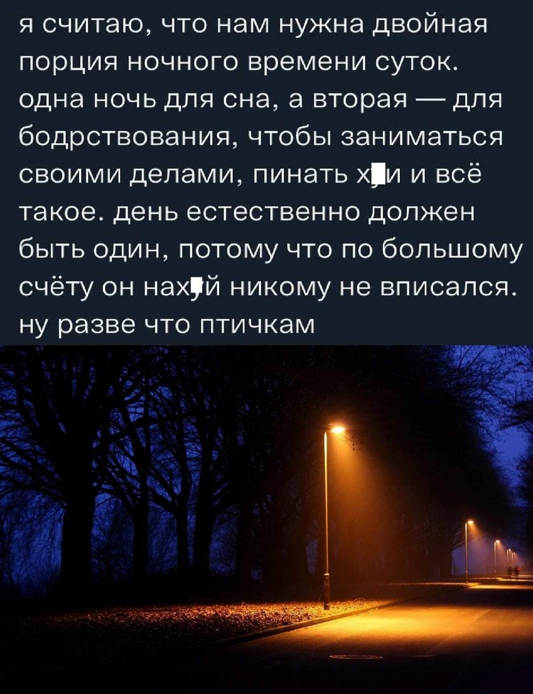 я считаю что нам нужна двойная порция ночного времени суток одна ночь для сна а вторая дпя бодрствования чтобы заниматься своими делами пинать и и всё такое день естественно должен быть один потому что по большому счёту он нахуй никому не вписался ну разве что птичкам