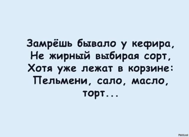 Замрёшь бывало у кефира Не жирный выбирая сорт Хотя уже лежат в корзине Пельмени сало масло торт