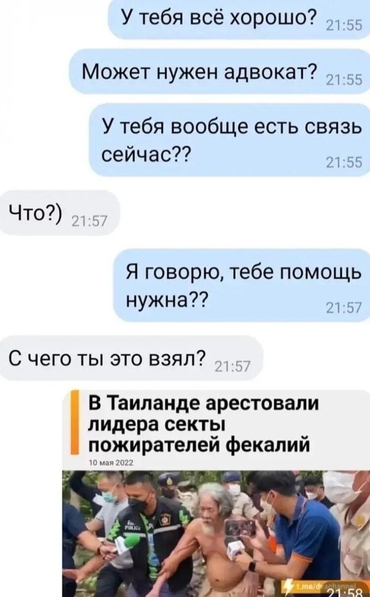 У тебя всё хорошо _ 5 Может нужен адвокат 55 У тебя вообще есть связь сейчас Что _ Я говорю тебе помощь нужна 5 С чего ты это взял лидера секты В Таиланде арестовали пожирателей фекалий м