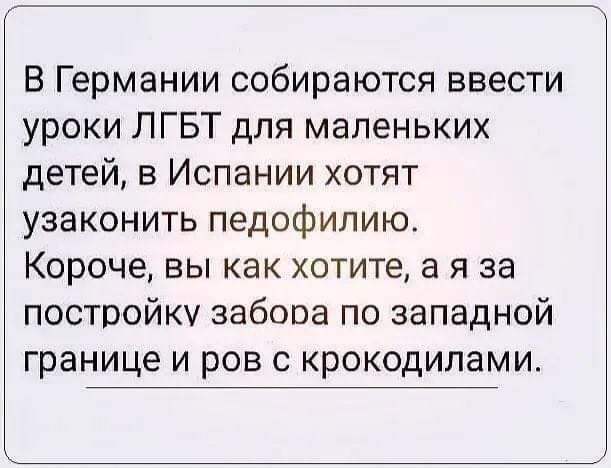 В Германии собираются ввести уроки ЛГБТ для маленьких детей в Испании хотят узаконить педофилию Короче вы как хотите а я за постройку забора по западной границе и ров с крокодилами