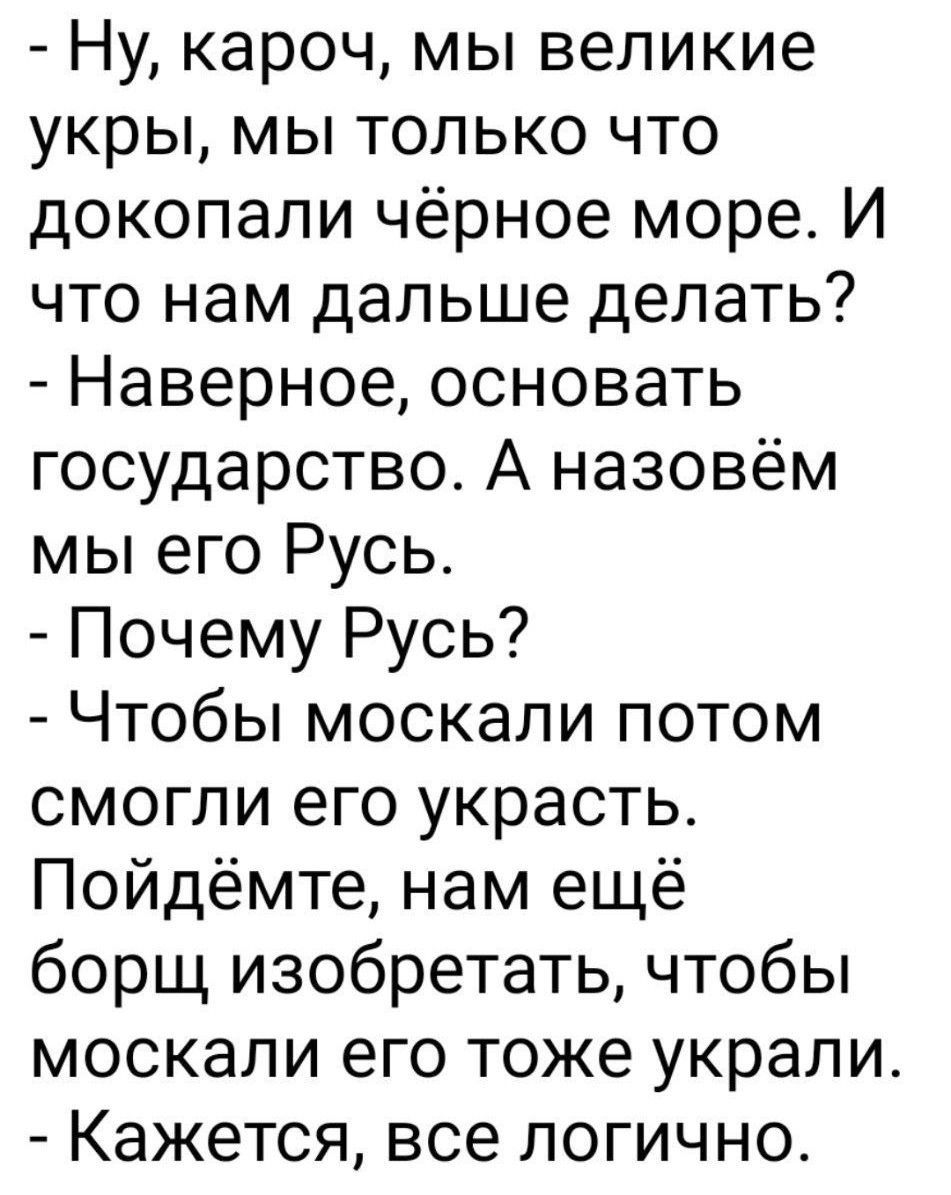 Ну кароч мы великие укры мы только что докопали чёрное море И что нам дальше делать Наверное основать государство А назовём мы его Русь Почему Русь Чтобы москали потом смогли его украсть Пойдёмте нам ещё борщ изобретать чтобы москали его тоже украли Кажется все логично