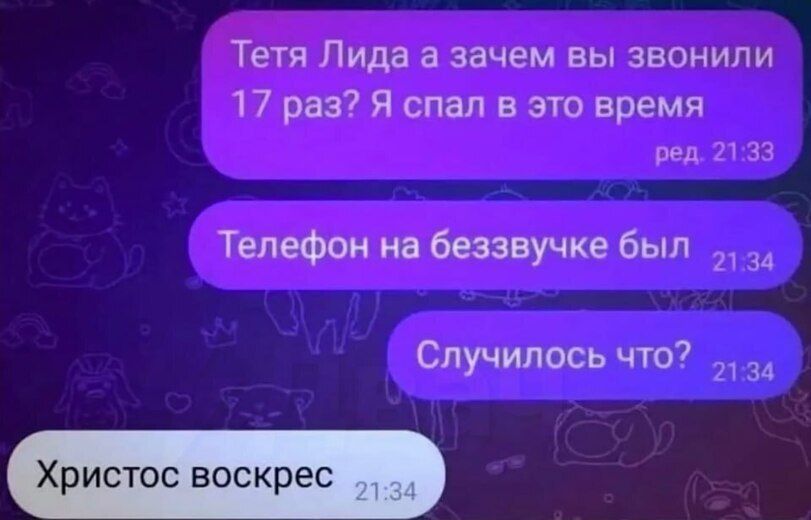 Тетя Лида а зачем вы звонили 17 раз7 Я спал в это время _ Тепефпи ив беззвучке был Случилось что7 Христос воскрес