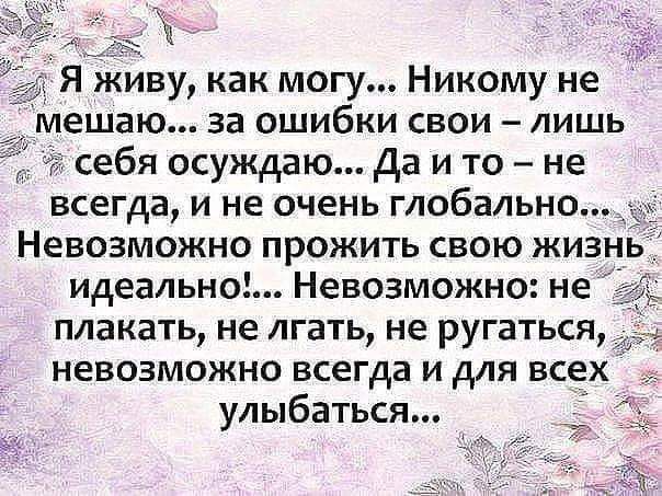 Я живу как могу Никому не мешаю за ошибки свои лишь п себя осуждаю Да и то не всегда и не очень глобально Невозможно прожить свою жизнь идеально Невозможно не плакать не лгать не ругаться невозможно всегда и для всех улыбаться