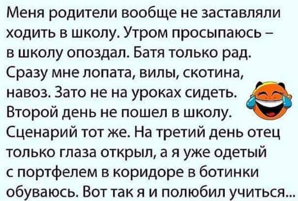 Меня родители вообще не заставляли ходить в школу Утром просыпаюсь в школу опоздал Батя только рад Сразу мне лопата випы скотина навоз Зато не на уроках сидеть Второй день не пошел в школу Сценарий тот же На третий день отец только глаза открыл а я уже одетый с портфелем в коридоре в ботинки обуваюсь Вот так я и полюбил учиться