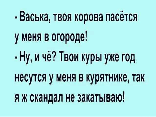 Васька твоя корова пасётся у меня в огороде Ну и чё Твои куры уже год несутся у меня в курятнике так я ж скандал не закатываю