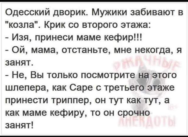 Одесский дворик Мужики забивают в козла Крик со второго этажа Изя принеси маме кефир Ой мама отстаньте мне некогда я занят Не Вы только посмотрите этого шпепера как Саре с третьеггэтёаже принести триппер он тут как тут а как маме кефиру то он срочно занят