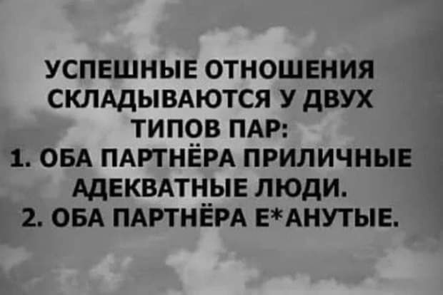 успешные отношения склддывдются У двух тип9в ПАР 1 ОБА ПАРТНЕРА приличные Адеквдтныв люди 2 ОБА ПАРТНЁРА ЕАНУТЫЕ